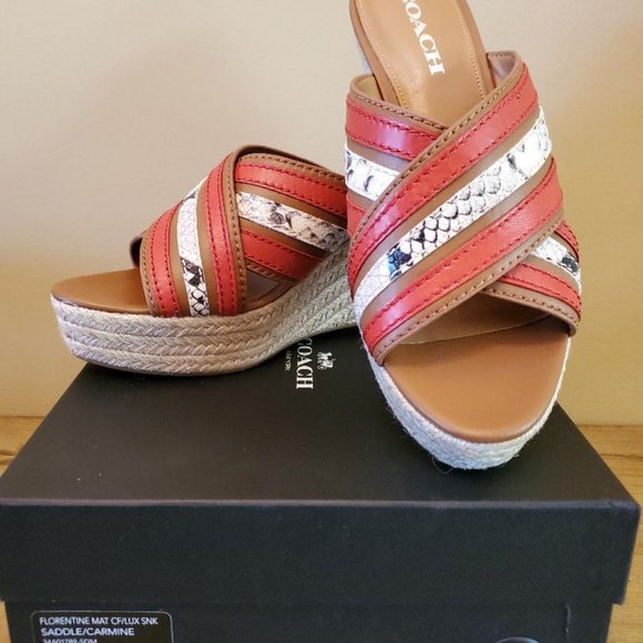 NEW Coach Florentine Wedge Leather Sandals 8.5 open-toe  Heel Snake Print Slide - Picture 4 of 6